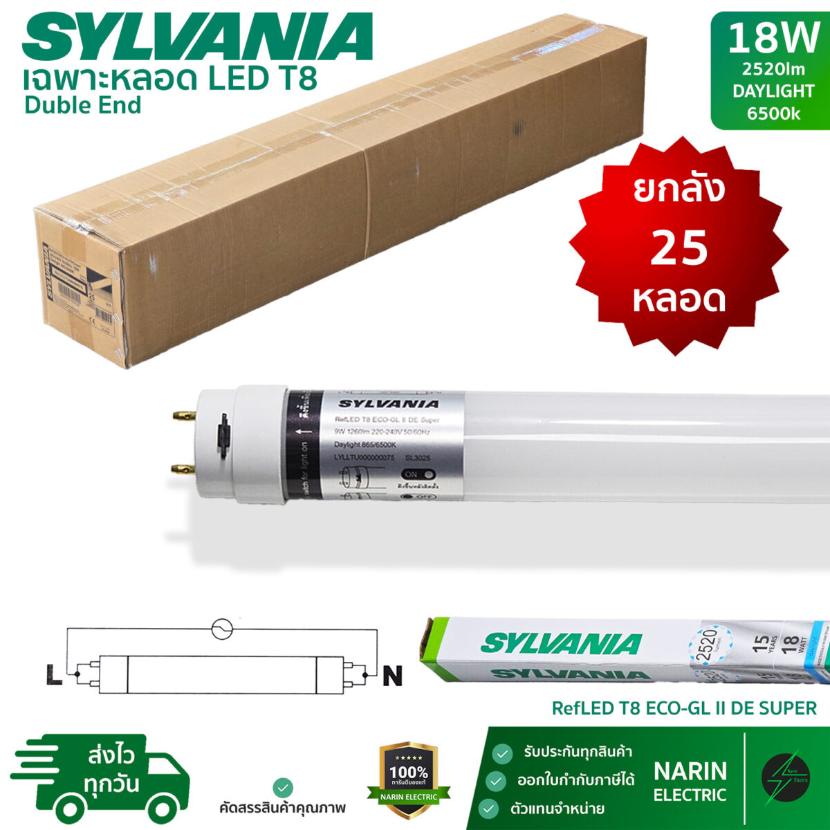 Sylvania หลอดไฟ LED T8 18W (ยกลังราคาส่ง) หลอดยาว 120cm รุ่น ECO-GL II DE Super ไฟเข้า 2 ทาง
