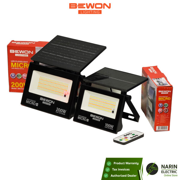 BEWON สปอร์ตไลท์โซล่าเซลล์ 100W / 200W รุ่น MICRO | โคมไฟ 3 สี (Daylight/Warm/Cool) ในตัวเดียว กันน้ำ IP65 | Narin Electric