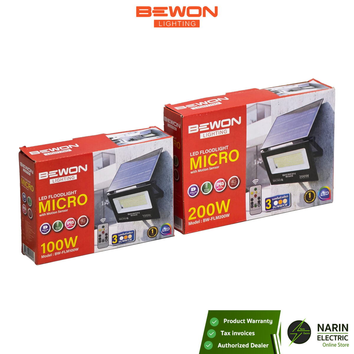 BEWON สปอร์ตไลท์โซล่าเซลล์ 100W / 200W รุ่น MICRO | โคมไฟ 3 สี (Daylight/Warm/Cool) ในตัวเดียว กันน้ำ IP65 | Narin Electric