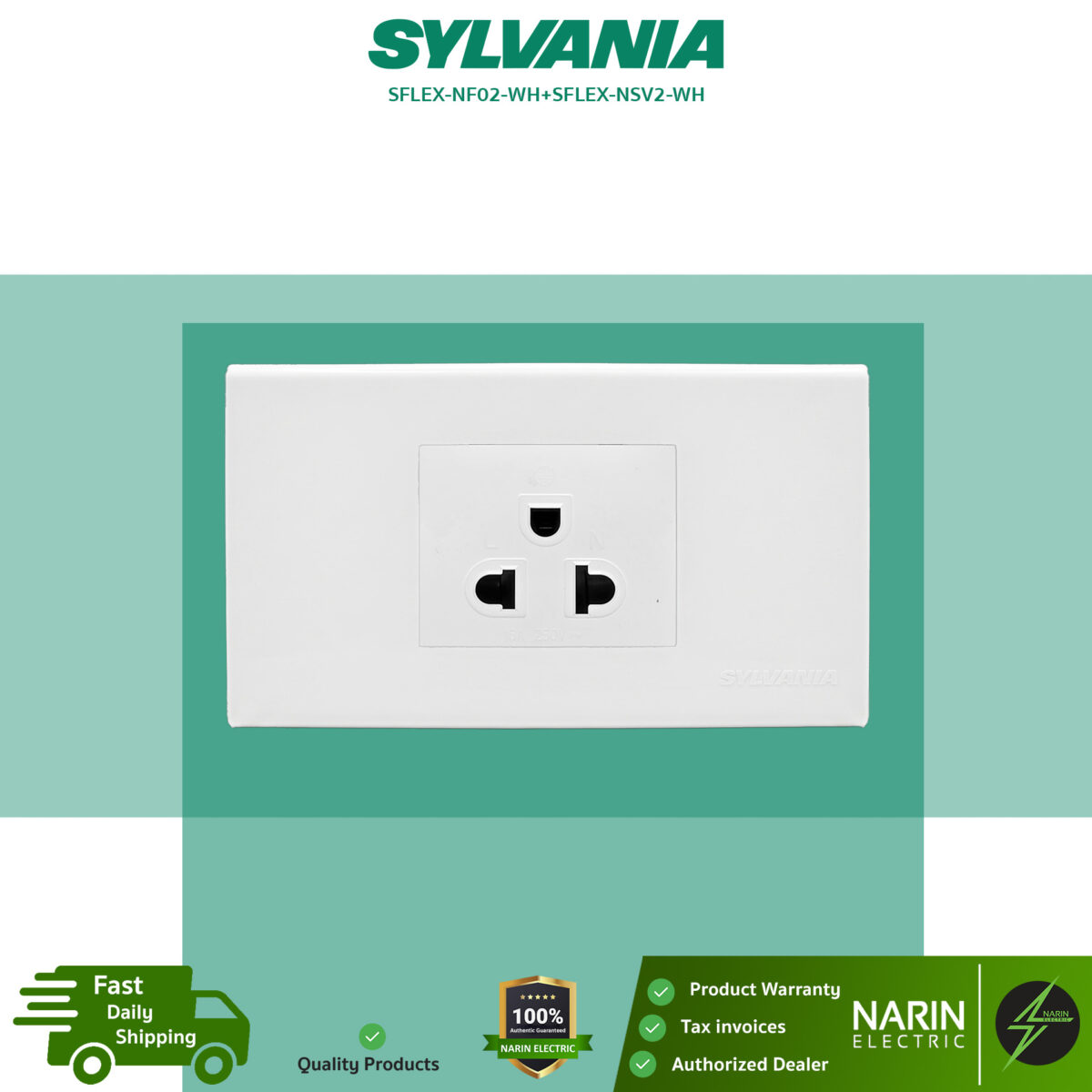 SYLVANIA เต้ารับกราวด์เดี่ยว แนวตั้ง มีม่านนิรภัย รุ่น SFLEX-NSV2-WH